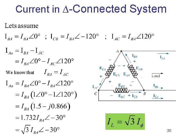 Current in ∆-Connected System We know that 30 