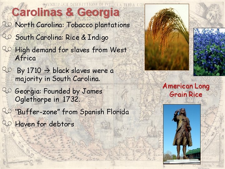 Carolinas & Georgia North Carolina: Tobacco plantations South Carolina: Rice & Indigo High demand Carolinas & Georgia North Carolina: Tobacco plantations South Carolina: Rice & Indigo High demand