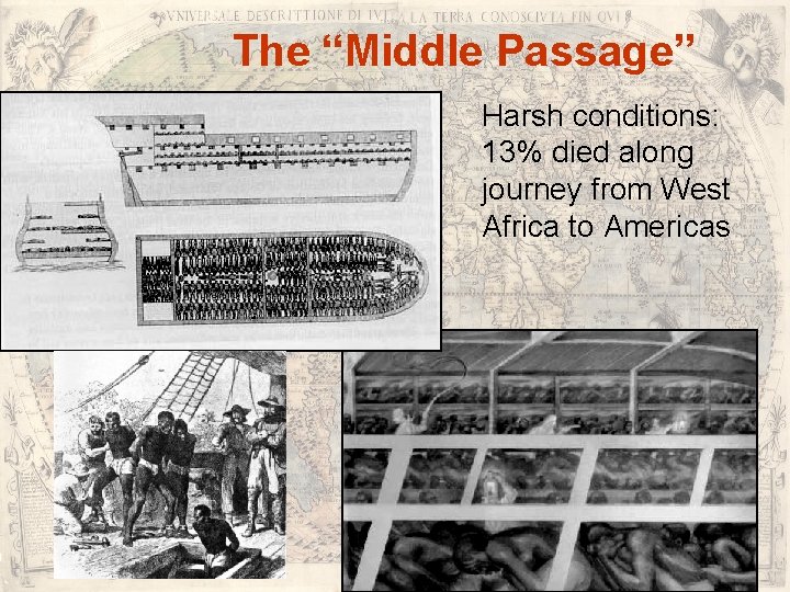 The “Middle Passage” Harsh conditions: 13% died along journey from West Africa to Americas The “Middle Passage” Harsh conditions: 13% died along journey from West Africa to Americas