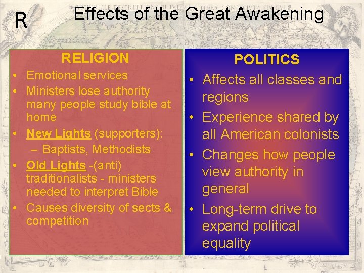 R Effects of the Great Awakening RELIGION • Emotional services • Ministers lose authority R Effects of the Great Awakening RELIGION • Emotional services • Ministers lose authority