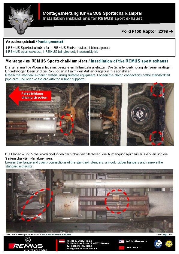 Montageanleitung für REMUS Sportschalldämpfer Installation instructions for REMUS sport exhaust Ford F 150 Raptor Montageanleitung für REMUS Sportschalldämpfer Installation instructions for REMUS sport exhaust Ford F 150 Raptor