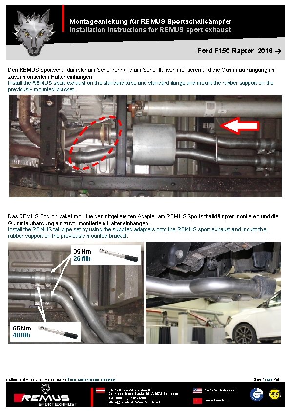 Montageanleitung für REMUS Sportschalldämpfer Installation instructions for REMUS sport exhaust Ford F 150 Raptor Montageanleitung für REMUS Sportschalldämpfer Installation instructions for REMUS sport exhaust Ford F 150 Raptor