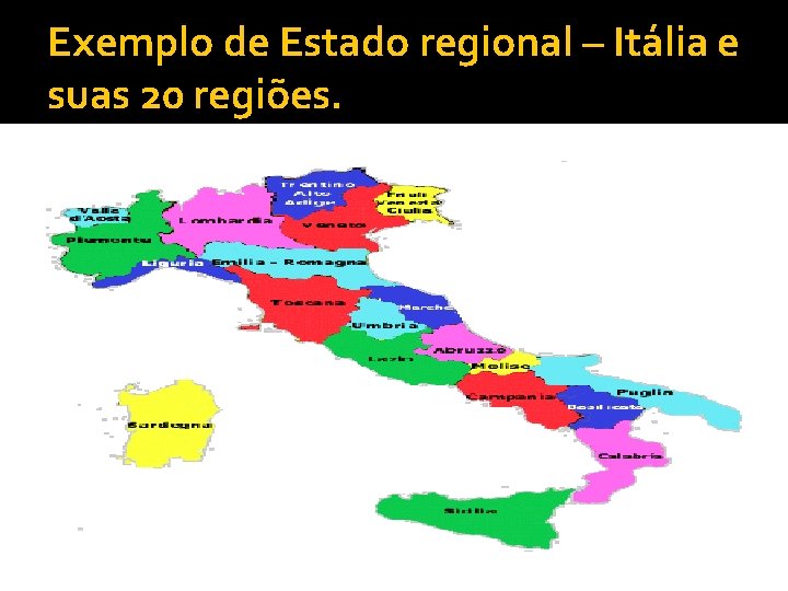 Exemplo de Estado regional – Itália e suas 20 regiões. 