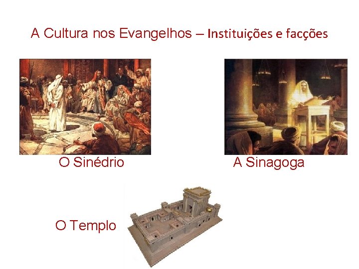 A Cultura nos Evangelhos – Instituições e facções O Sinédrio A Sinagoga O Templo A Cultura nos Evangelhos – Instituições e facções O Sinédrio A Sinagoga O Templo