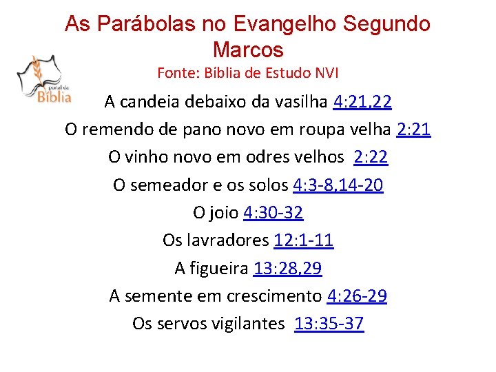 As Parábolas no Evangelho Segundo Marcos Fonte: Bíblia de Estudo NVI A candeia debaixo As Parábolas no Evangelho Segundo Marcos Fonte: Bíblia de Estudo NVI A candeia debaixo