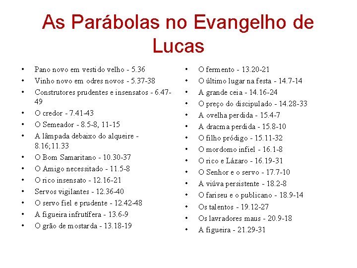 As Parábolas no Evangelho de Lucas • • • • Pano novo em vestido As Parábolas no Evangelho de Lucas • • • • Pano novo em vestido