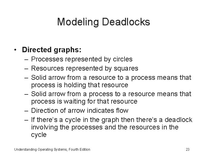 Modeling Deadlocks • Directed graphs: – Processes represented by circles – Resources represented by