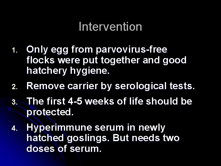 Intervention 1. Only egg from parvovirus-free flocks were put together and good hatchery hygiene.