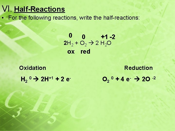 VI. Half-Reactions • For the following reactions, write the half-reactions: 0 0 +1 -2
