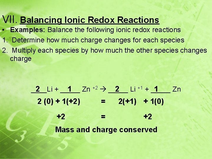 VII. Balancing Ionic Redox Reactions • Examples: Balance the following ionic redox reactions 1.