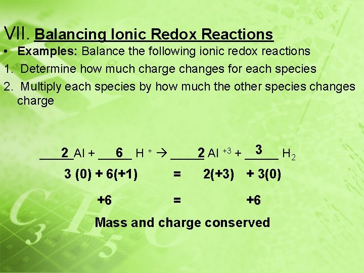 VII. Balancing Ionic Redox Reactions • Examples: Balance the following ionic redox reactions 1.