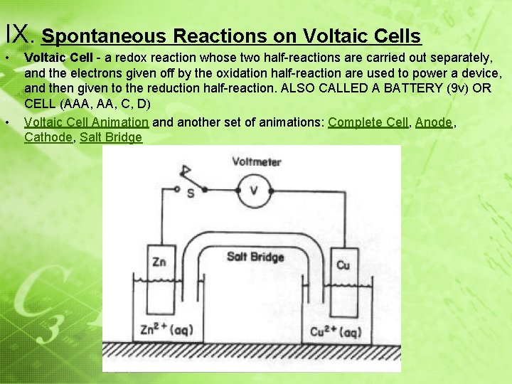 IX. Spontaneous Reactions on Voltaic Cells • • Voltaic Cell - a redox reaction