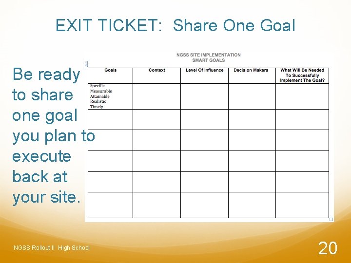 EXIT TICKET: Share One Goal Be ready to share one goal you plan to