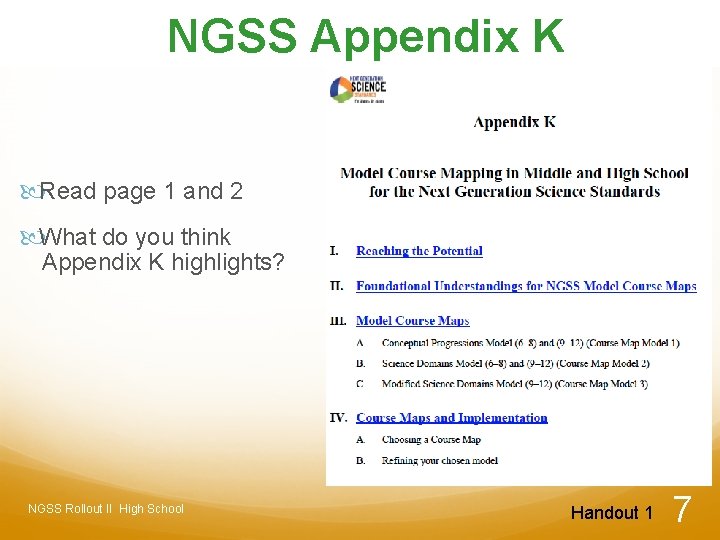 NGSS Appendix K Read page 1 and 2 What do you think Appendix K