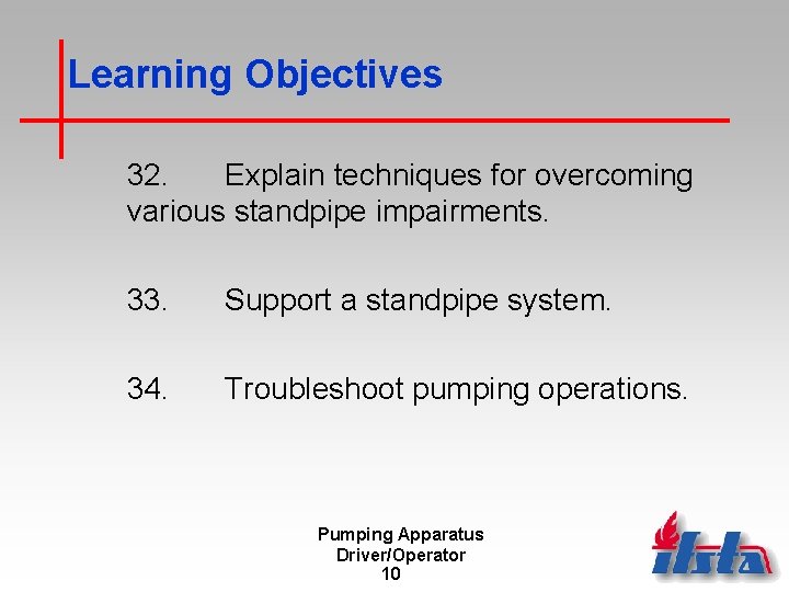 Learning Objectives 32. Explain techniques for overcoming various standpipe impairments. 33. Support a standpipe