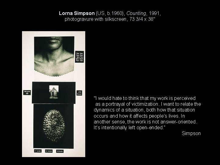 Lorna Simpson (US, b. 1960), Counting, 1991, photogravure with silkscreen, 73 3/4 x 38"