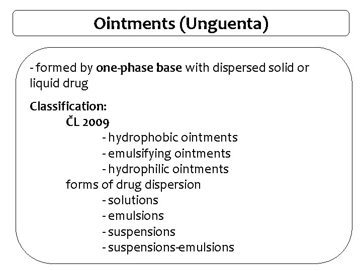 Ointments (Unguenta) - formed by one-phase base with dispersed solid or liquid drug Classification: