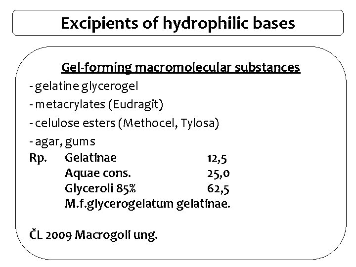 Excipients of hydrophilic bases Gel-forming macromolecular substances - gelatine glycerogel - metacrylates (Eudragit) -