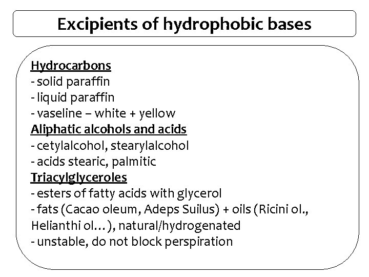 Excipients of hydrophobic bases Hydrocarbons - solid paraffin - liquid paraffin - vaseline –