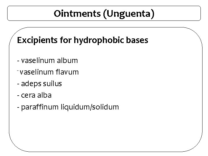 Ointments (Unguenta) Excipients for hydrophobic bases - vaselinum album - vaselinum flavum - adeps