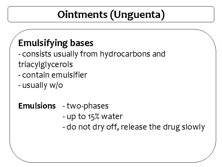 Ointments (Unguenta) Emulsifying bases - consists usually from hydrocarbons and triacylglycerols - contain emulsifier