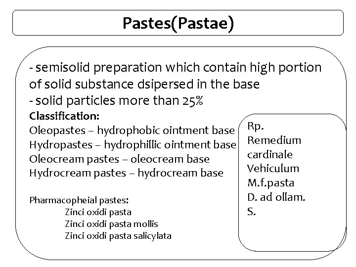 Pastes(Pastae) - semisolid preparation which contain high portion of solid substance dsipersed in the