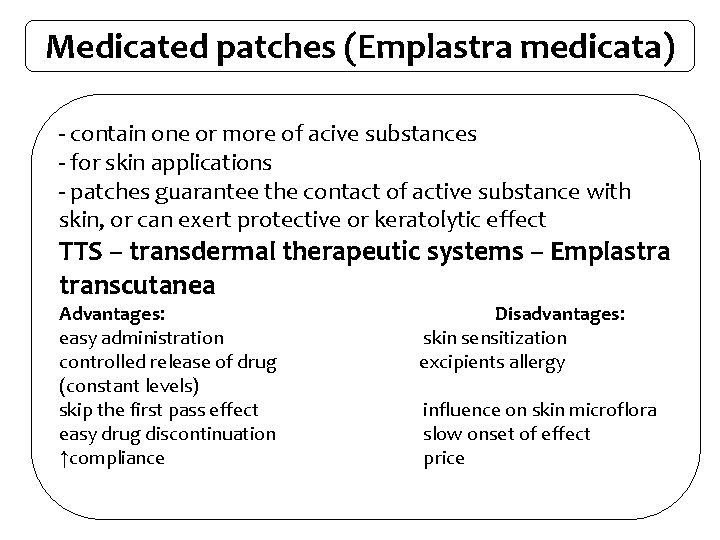 Medicated patches (Emplastra medicata) - contain one or more of acive substances - for