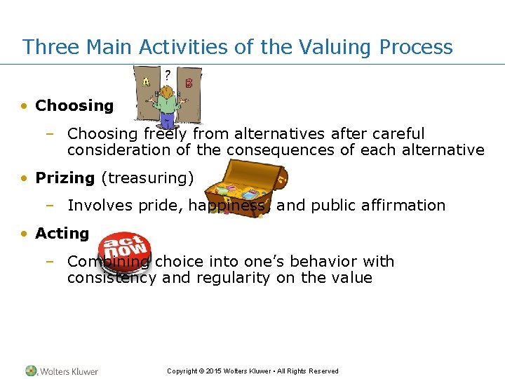 Three Main Activities of the Valuing Process • Choosing – Choosing freely from alternatives