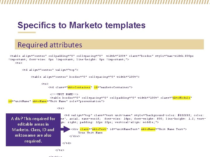 Specifics to Marketo templates Required attributes <table align="center" cellpadding="0" cellspacing="0" width="100%" class="border" style="max-width: 600