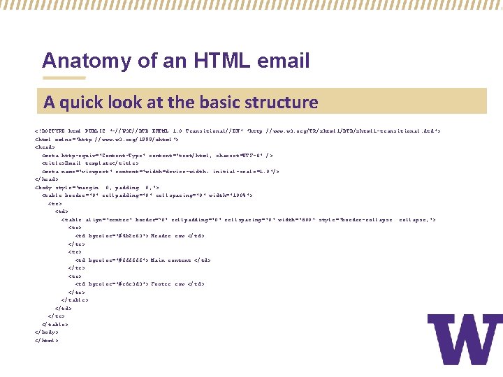 Anatomy of an HTML email A quick look at the basic structure <!DOCTYPE html