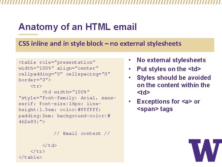 Anatomy of an HTML email CSS inline and in style block – no external