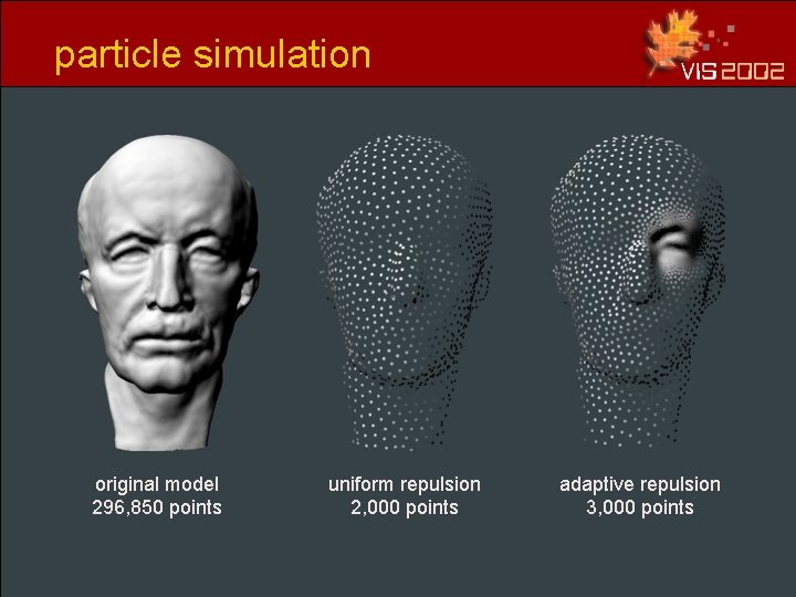 particle simulation original model 296, 850 points uniform repulsion 2, 000 points adaptive repulsion particle simulation original model 296, 850 points uniform repulsion 2, 000 points adaptive repulsion