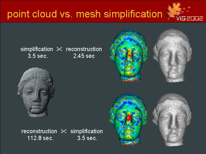 point cloud vs. mesh simplification reconstruction 3. 5 sec. 2. 45 sec reconstruction simplification point cloud vs. mesh simplification reconstruction 3. 5 sec. 2. 45 sec reconstruction simplification