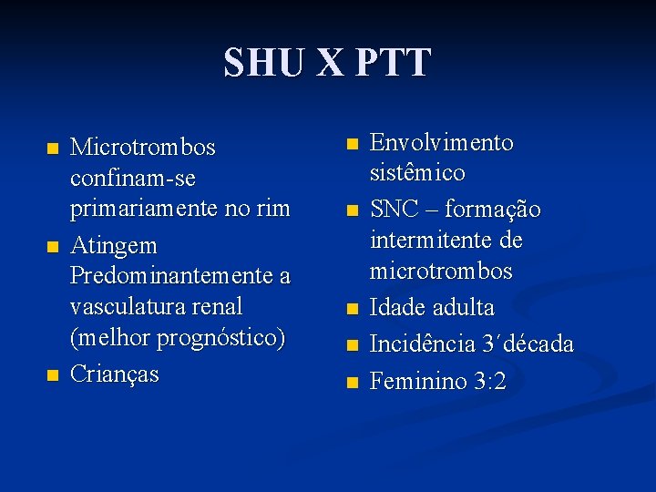 SHU X PTT n n n Microtrombos confinam-se primariamente no rim Atingem Predominantemente a