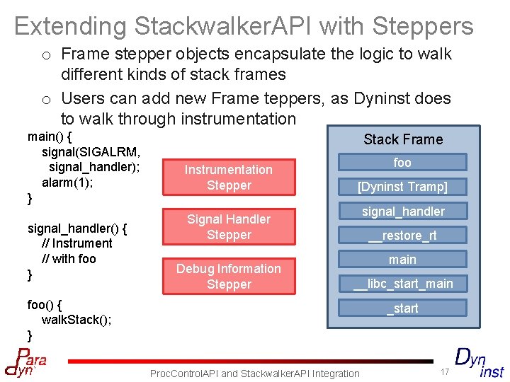 Extending Stackwalker. API with Steppers o Frame stepper objects encapsulate the logic to walk