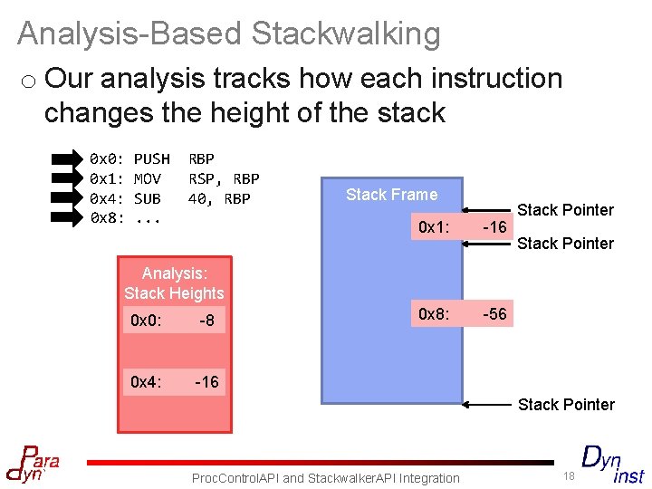 Analysis-Based Stackwalking o Our analysis tracks how each instruction changes the height of the