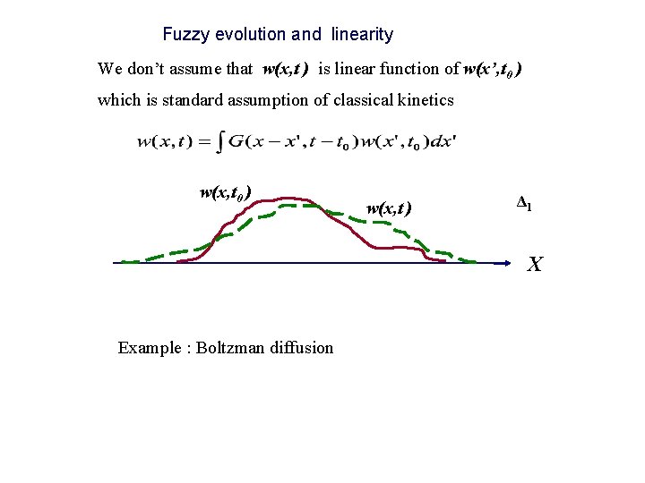 Fuzzy evolution and linearity We don’t assume that w(x, t ) is linear function Fuzzy evolution and linearity We don’t assume that w(x, t ) is linear function