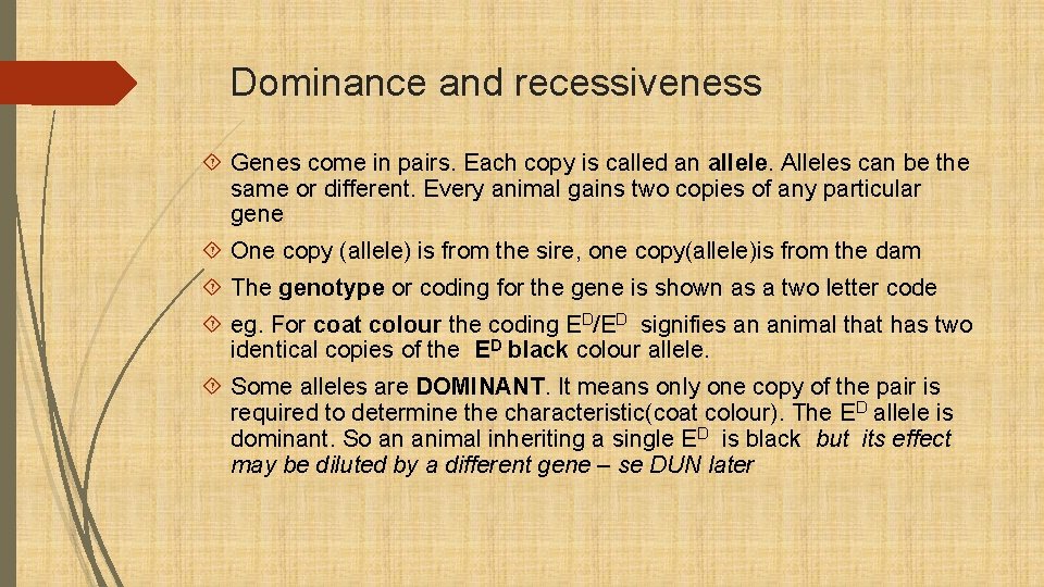 Dominance and recessiveness Genes come in pairs. Each copy is called an allele. Alleles