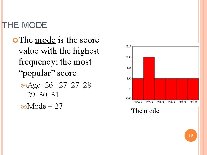 THE MODE The mode is the score value with the highest frequency; the most