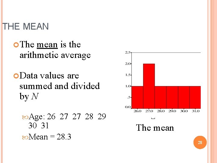 THE MEAN The mean is the arithmetic average Data values are summed and divided
