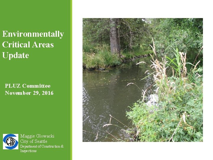 Environmentally Critical Areas Update PLUZ Committee November 29, 2016 Maggie Glowacki City of Seattle