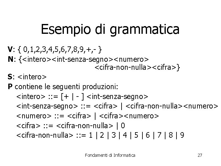 Esempio di grammatica V: { 0, 1, 2, 3, 4, 5, 6, 7, 8,