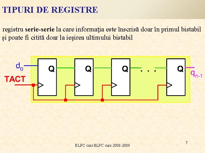 TIPURI DE REGISTRE registru serie-serie la care informaţia este înscrisă doar în primul bistabil