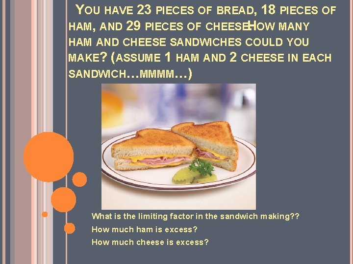  YOU HAVE 23 PIECES OF BREAD, 18 PIECES OF HAM, AND 29 PIECES