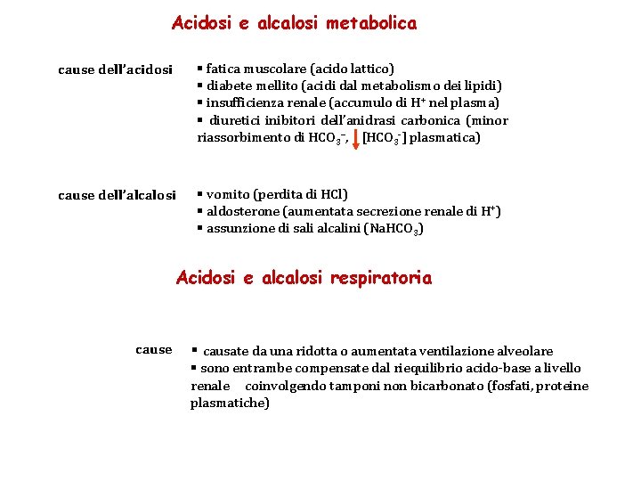 Acidosi e alcalosi metabolica cause dell’acidosi § fatica muscolare (acido lattico) § diabete mellito