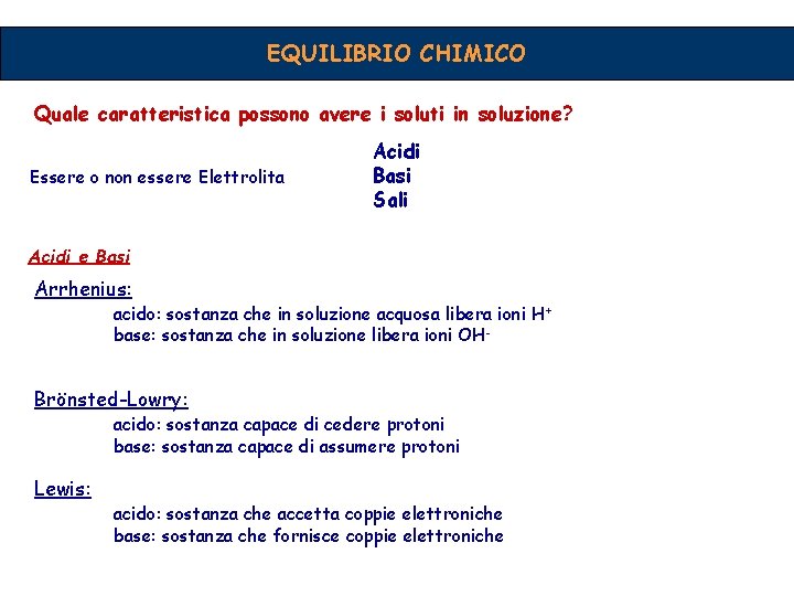 EQUILIBRIO CHIMICO Quale caratteristica possono avere i soluti in soluzione? Essere o non essere