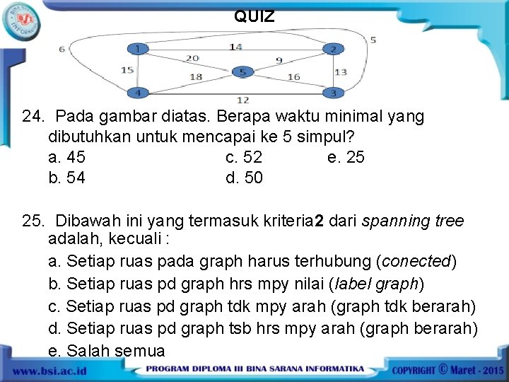 QUIZ 24. Pada gambar diatas. Berapa waktu minimal yang dibutuhkan untuk mencapai ke 5