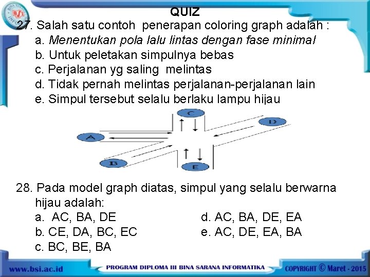 QUIZ 27. Salah satu contoh penerapan coloring graph adalah : a. Menentukan pola lalu