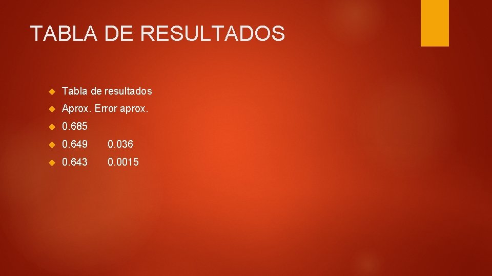 TABLA DE RESULTADOS Tabla de resultados Aprox. Error aprox. 0. 685 0. 649 0.