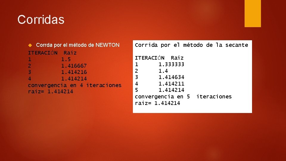 Corridas Corrda por el método de NEWTON ITERACIÓN Raiz 1 1. 5 2 1.